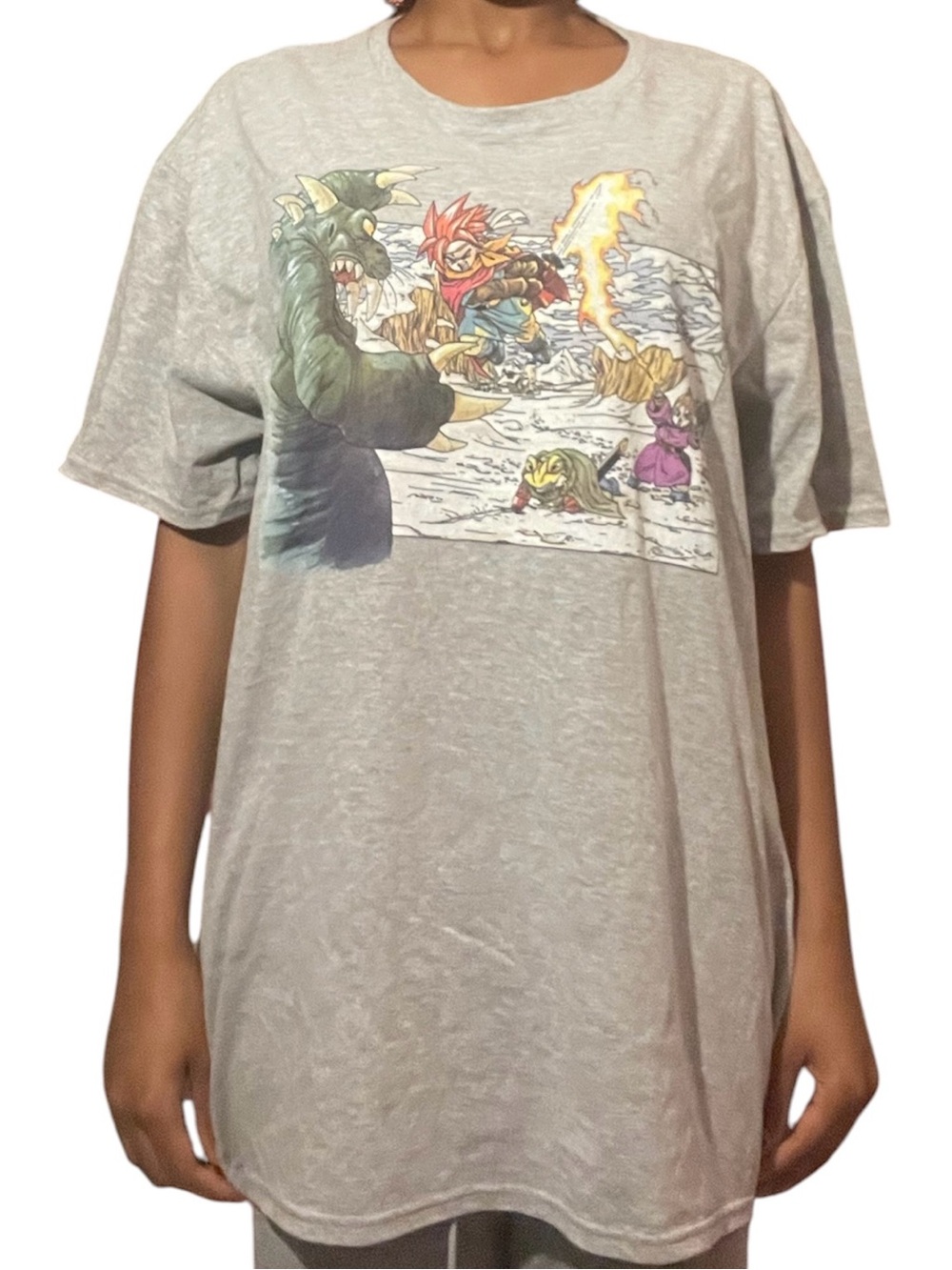 grey t-shirt featuring graphic art characters from the video game Chrono Trigger